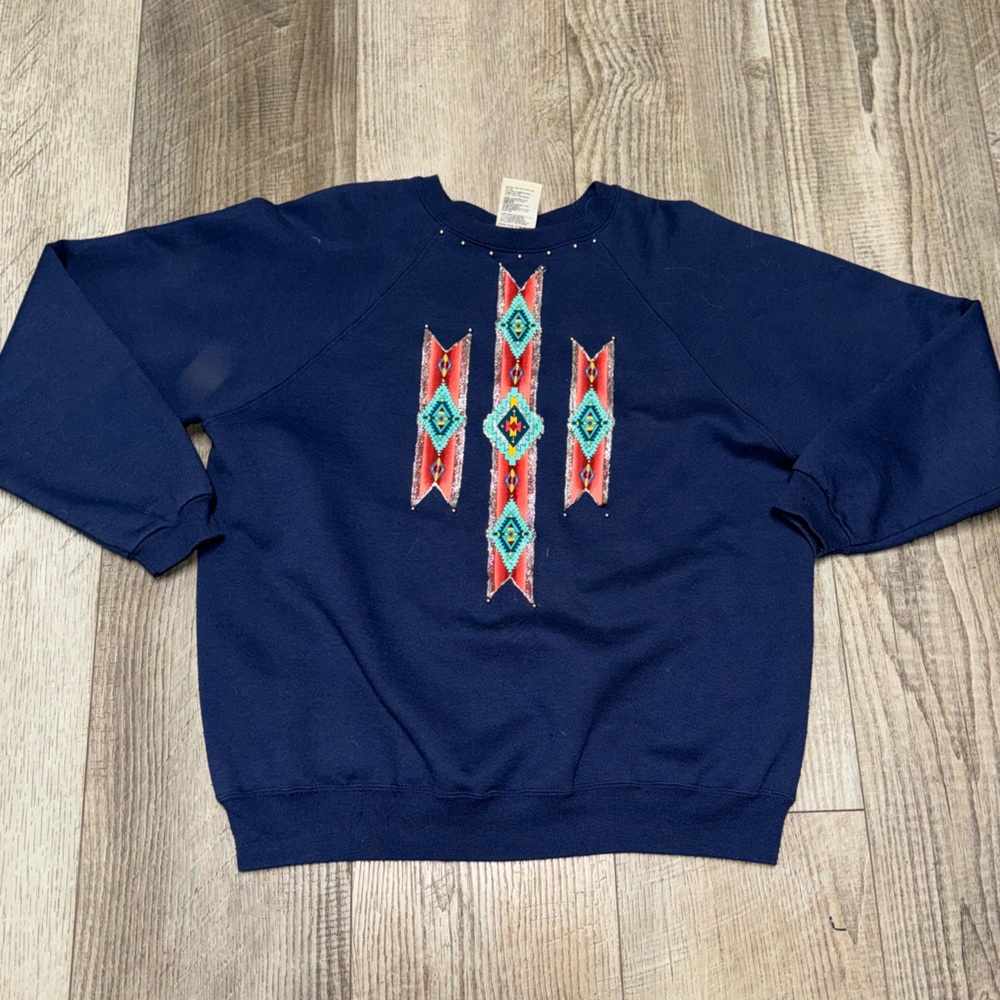 Vintage Hanes Her Way blue handmade Native Aztec painted bedazzled crew sweats L